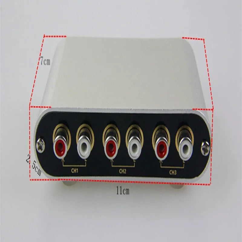 Silver audio source switch with infrared remote control and key switch on front panel, aluminium housing