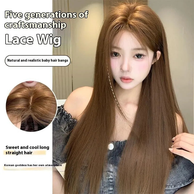 Warm brown lace wig with centre-parted bangs and long straight high-temperature fibre hair on a stand