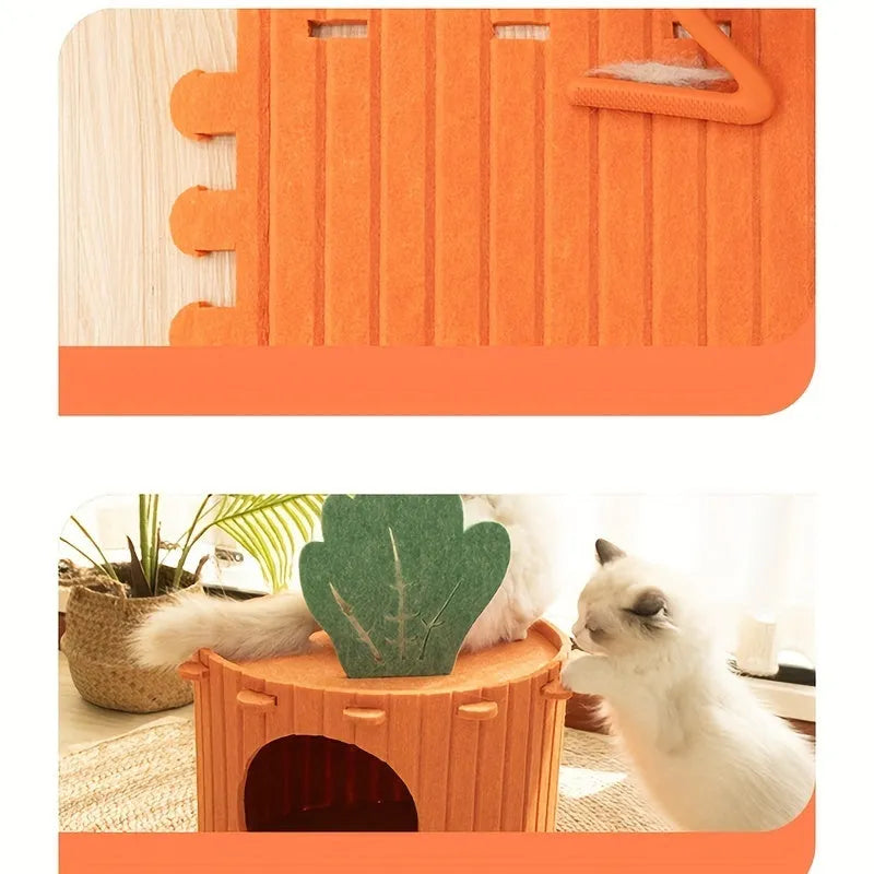 Grey thick felt semi-enclosed cat tunnel nest bed showing its drilled entrance and soft interior.