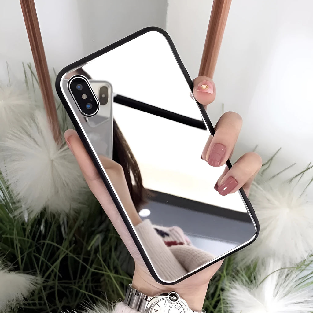 Black iPhone back cover case with a square mirror inset on the back.