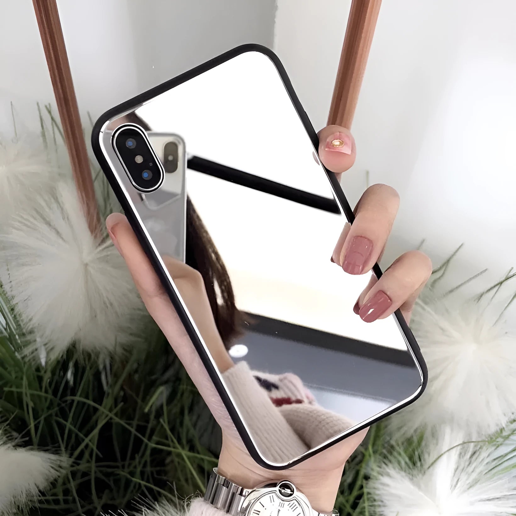 Black iPhone back cover case with a square mirror inset on the back.