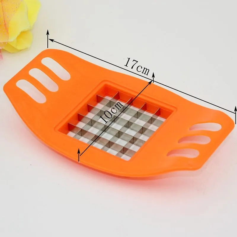 Potato cutter with two stainless steel blades and non-slip rubber foot on kitchen counter