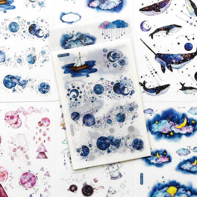 Hand account paper sticker set with fantasy stars design on Japanese paper sheet, 10.5x14.1cm, in paper bag packaging