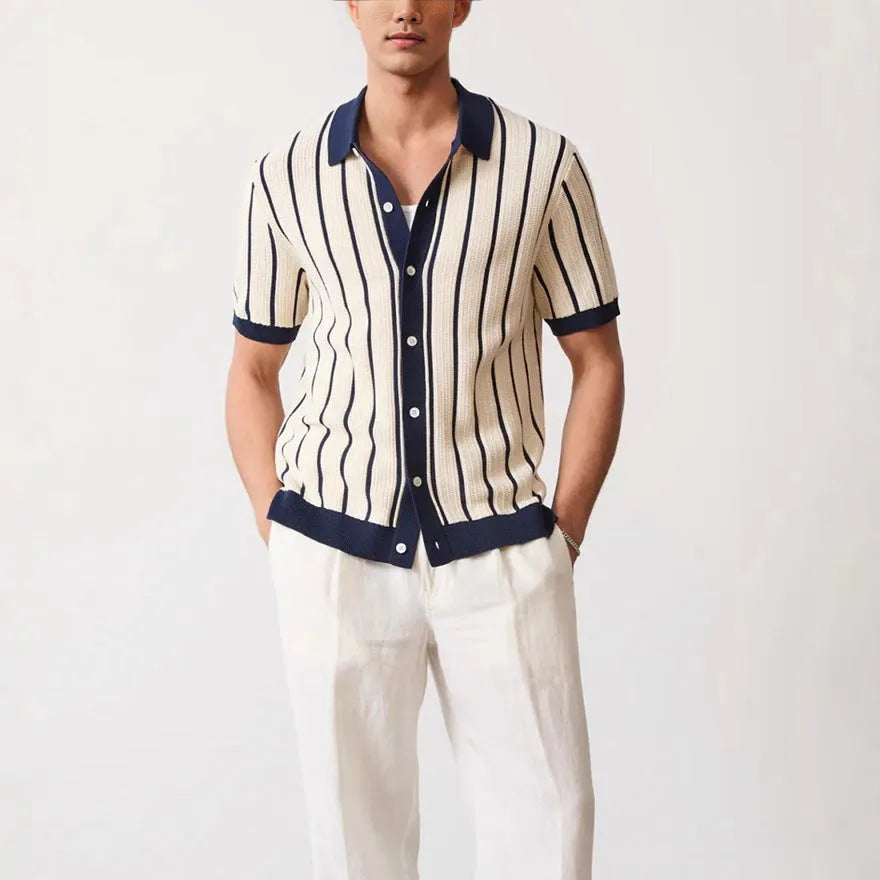 Men's white lapel knit top with asymmetric stripes on ice silk fabric