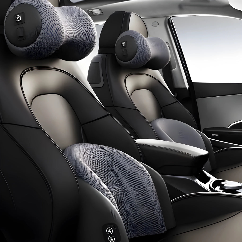 Car massage cushion for lumbar and neck support with memory cotton filling in multiple colour options