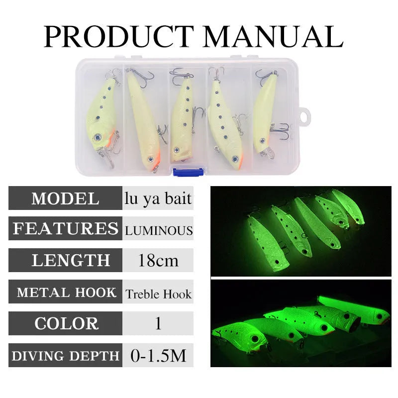 3D fluorescent simulation luminous hard fishing bait set with five pieces