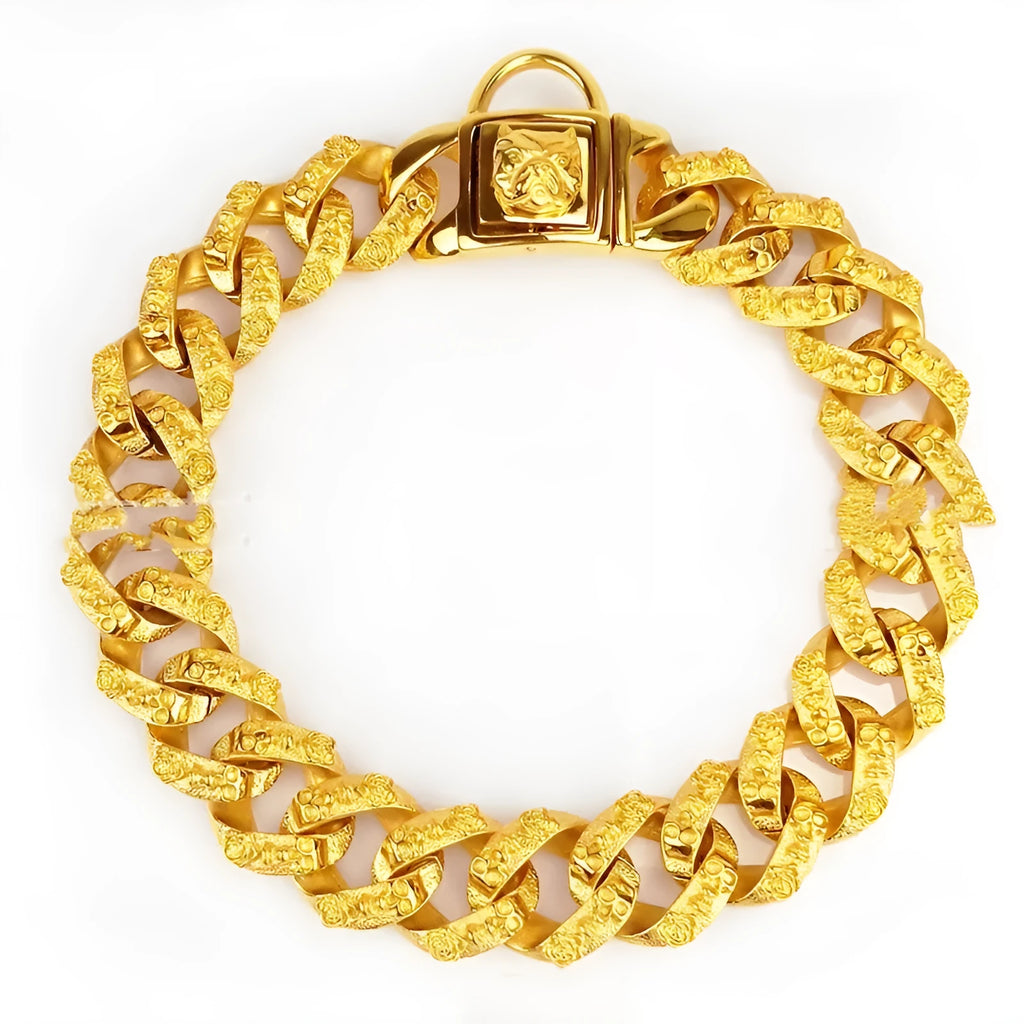 Stainless steel skull dog collar necklace in gold finish with 32mm width and chain links