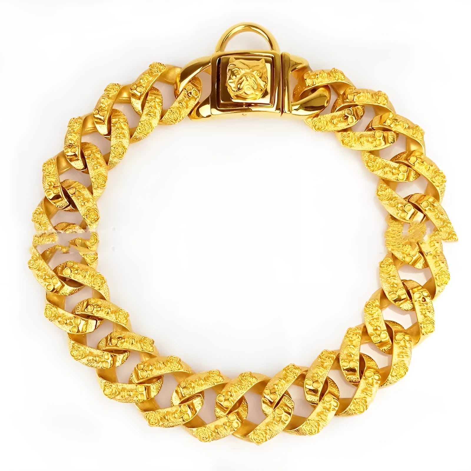 Stainless steel skull dog collar necklace in gold finish with 32mm width and chain links
