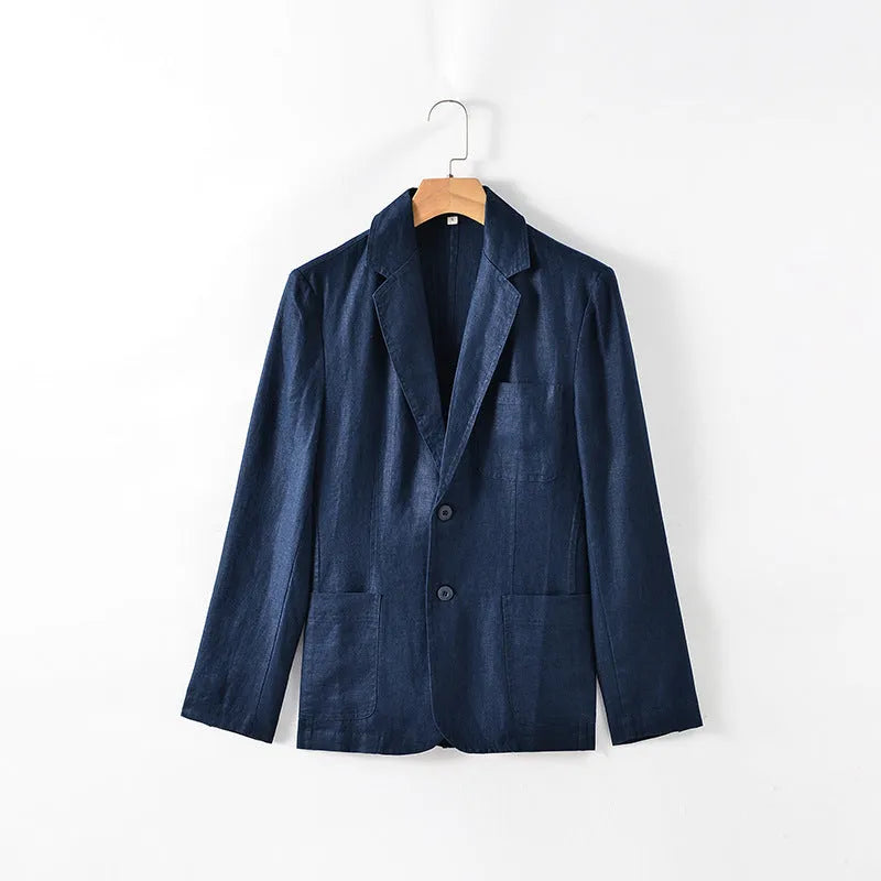 Men's linen suit thin coat in solid colour with side stick pockets, shown on a model, available in sizes S to 3XL.