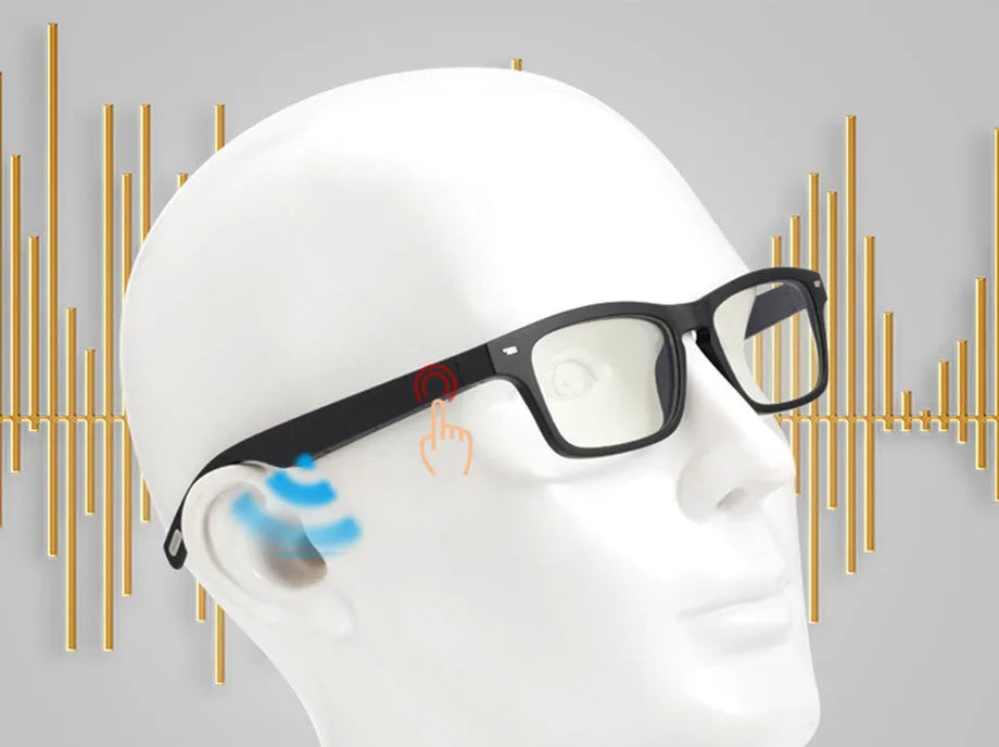 Black smart glasses with Bluetooth audio functionality and polarised lenses for sports and outdoor use