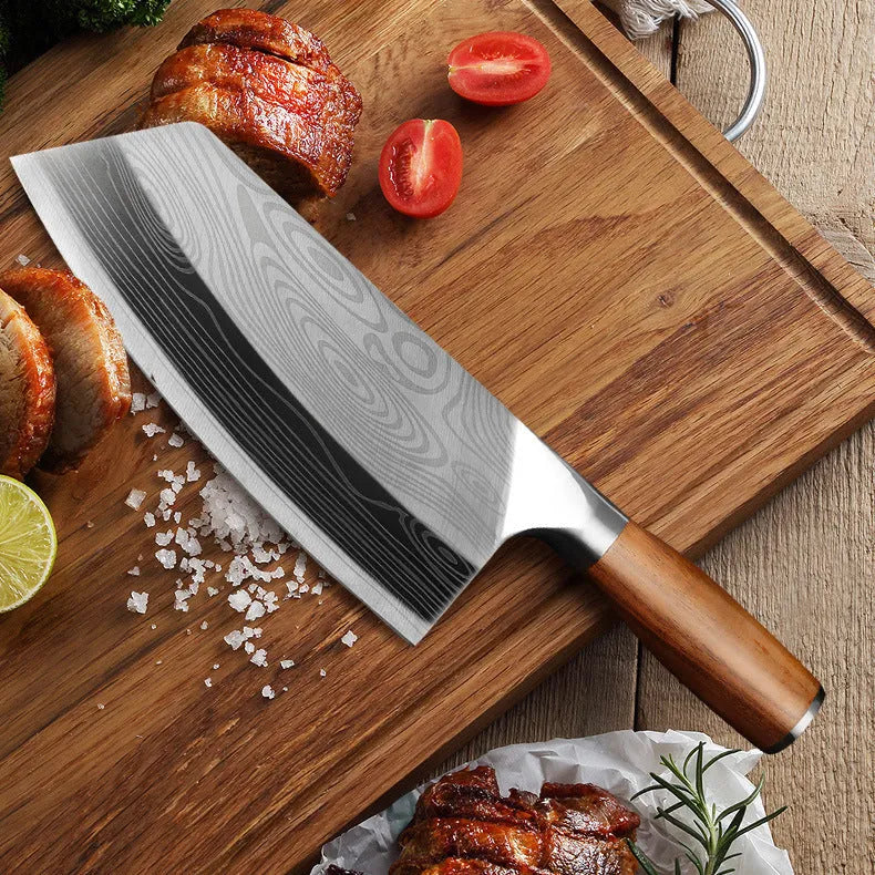 320mm stainless steel kitchen knife with forged blade showing measurements and steel type
