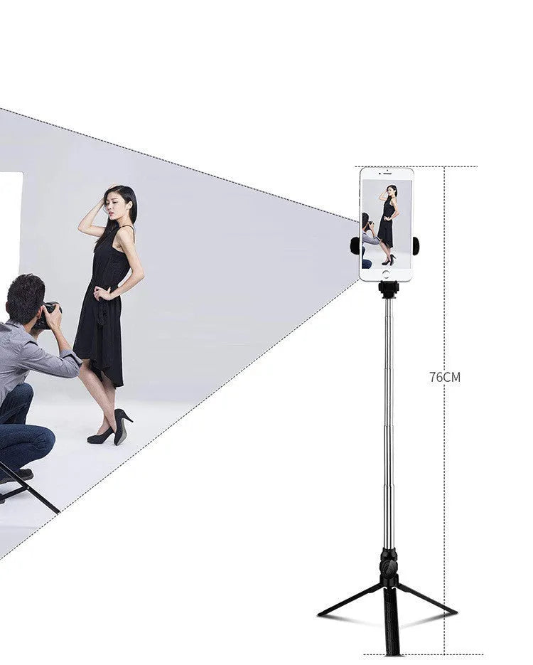 Bluetooth tripod selfie stand with 360° clip and anodised aluminium rod, extended as tripod