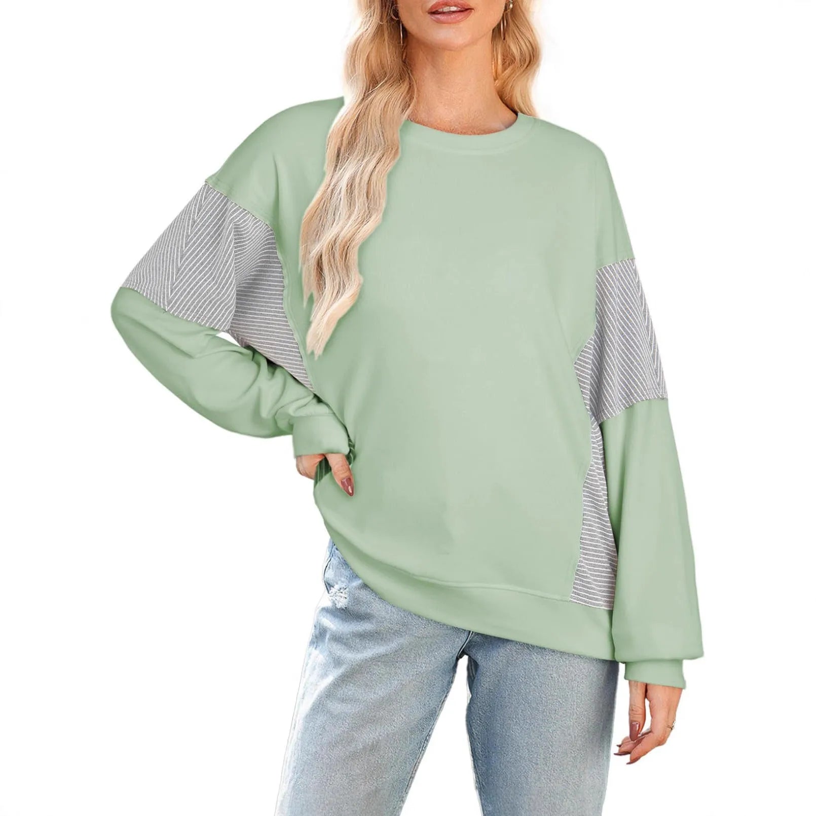 Striped colour-blocked round neck long-sleeved pullover sweatshirt in polyester, available in multiple colours and sizes S-XXL