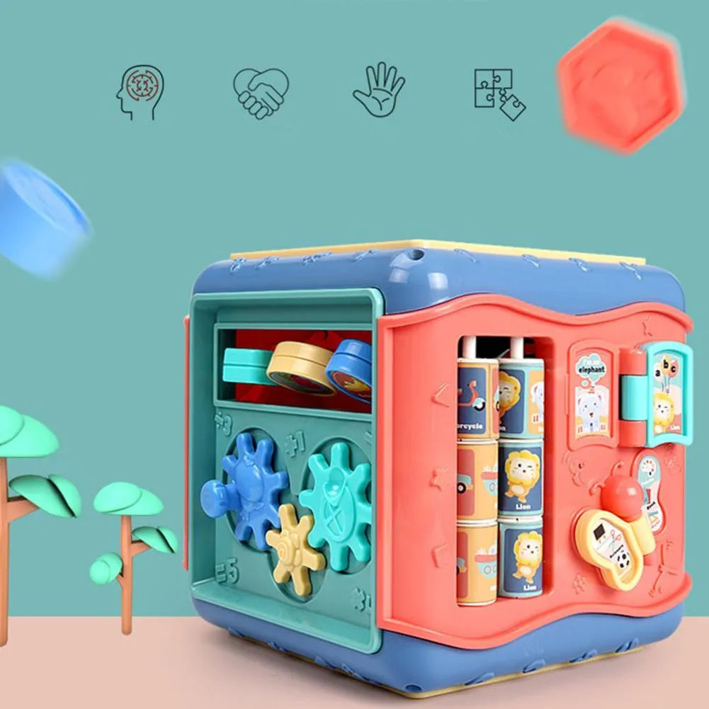 Six-sided educational cube toy with multiple activity panels including bead maze and shape puzzles