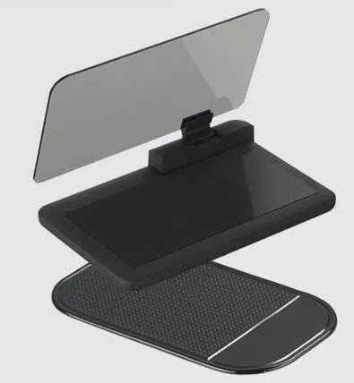 Gray smartphone hands-free navigation display holder on car dashboard with non-slip mat and organic glass panel