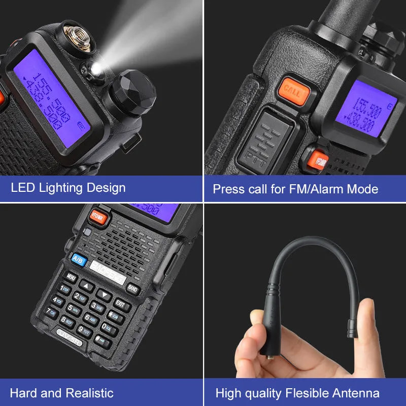 Black walkie talkie with antenna showing LCD display showing channel 1