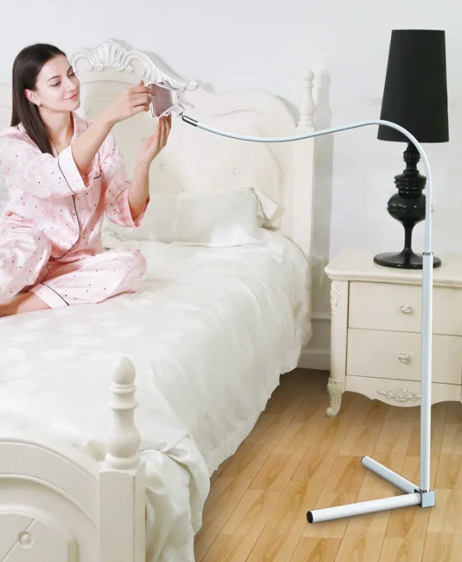 Mobile phone bed bracket with overhead support shelf in black and white colour options