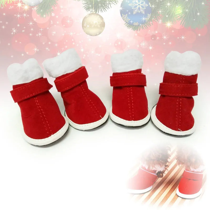 Red plush pet Christmas shoes for small dogs with non-slip rubber sole and Velcro ankle strap