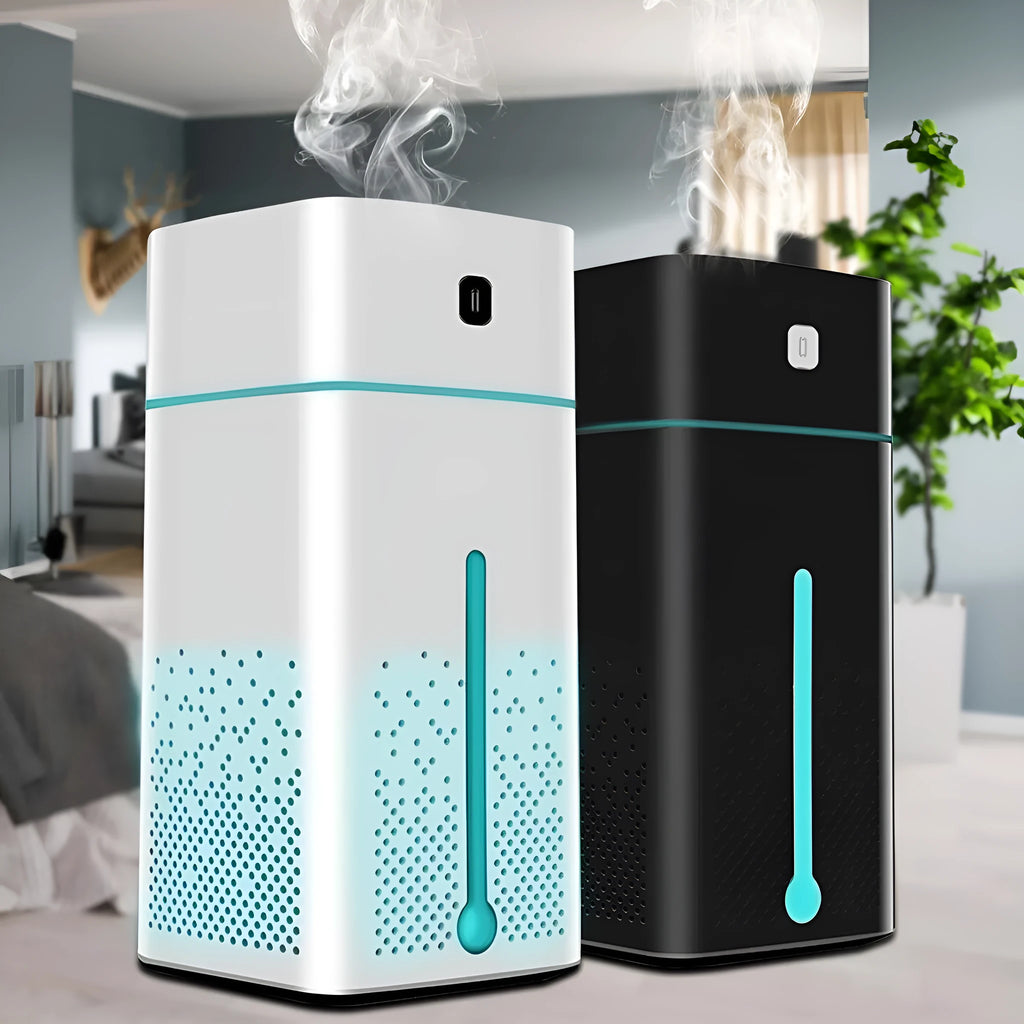 Black or white USB desktop humidifier measuring 103mm x 103mm x 218mm with 1000ml water capacity