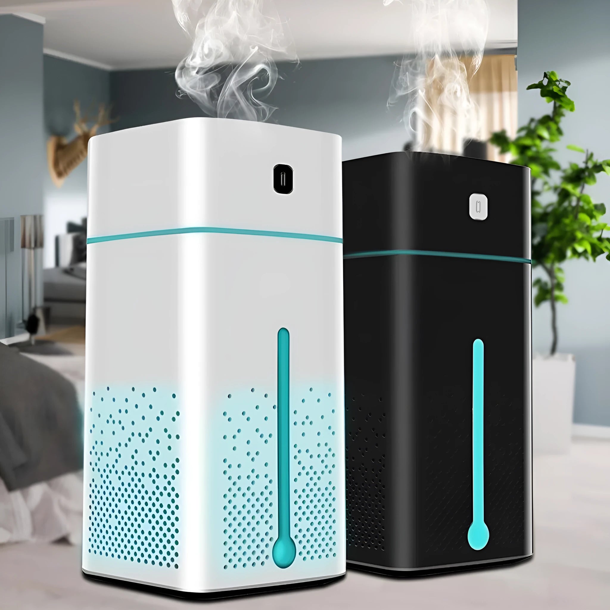 Black or white USB desktop humidifier measuring 103mm x 103mm x 218mm with 1000ml water capacity
