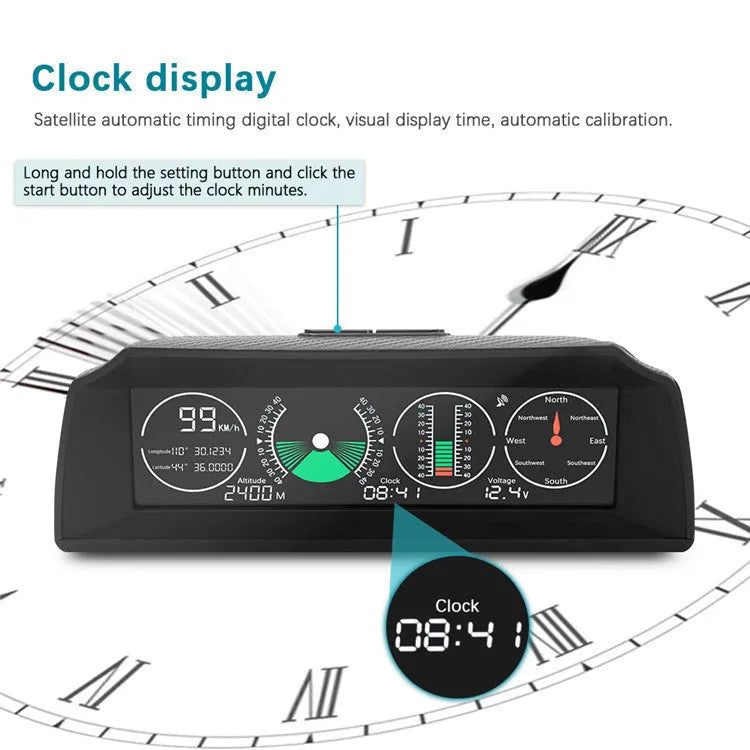 GPS GO 2 car HUD with colour LCD display showing speed and compass, carbon fibre design on dashboard