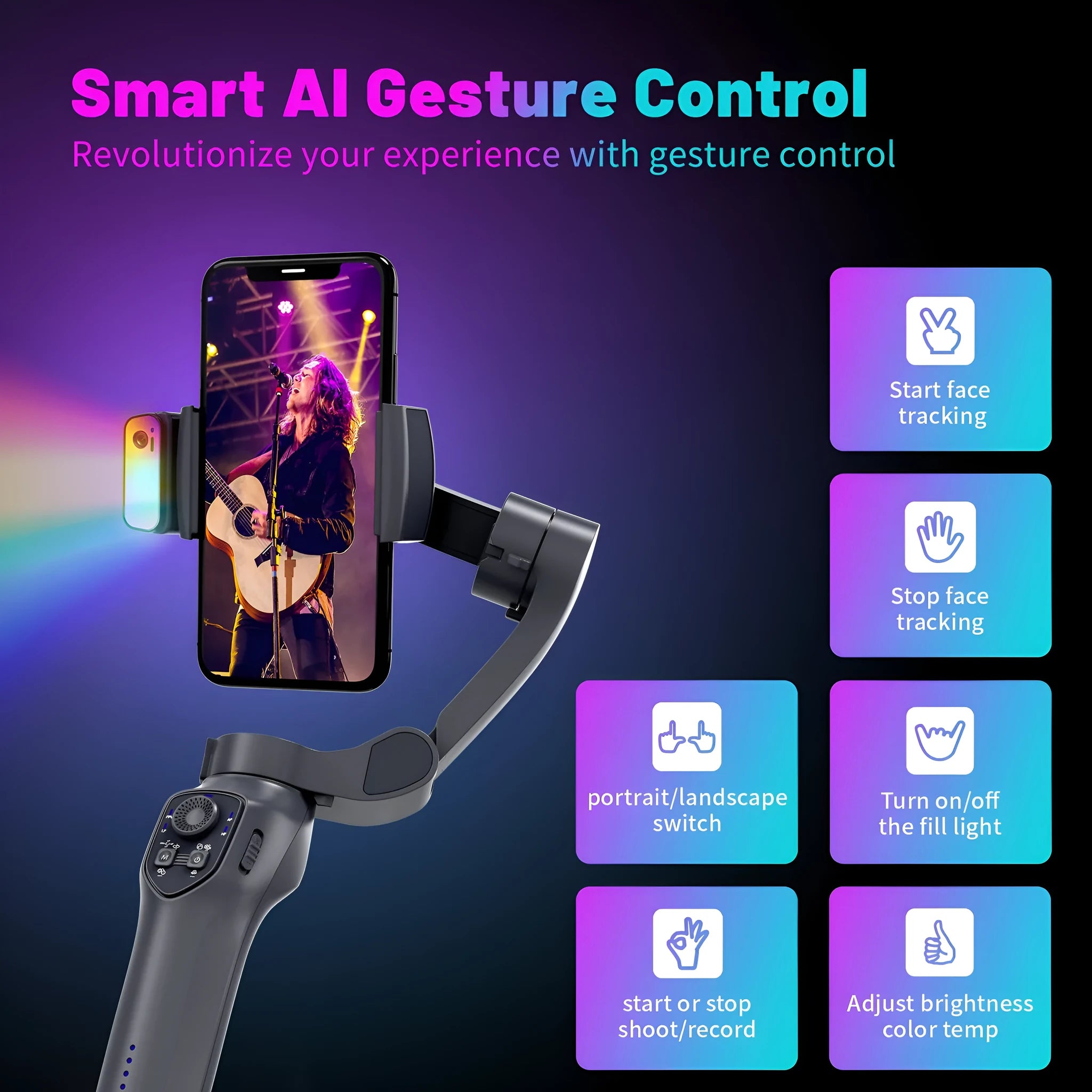 Foldable handheld gimbal stabilizer in gun colour with USB charging port
