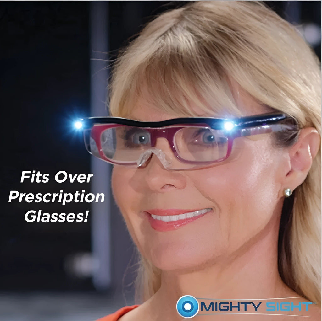 Transparent black USB LED reading glasses with on-frame light.