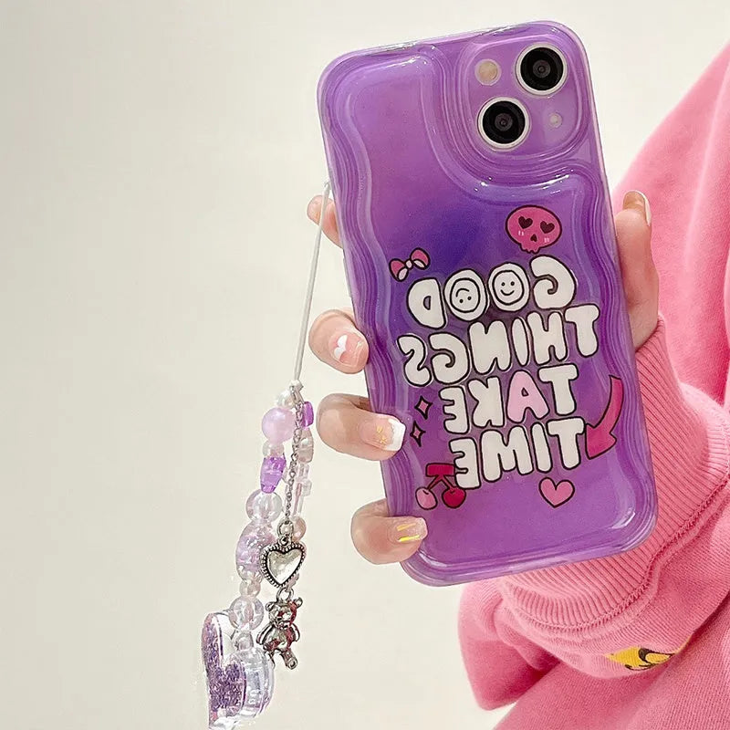 Purple graffiti English love chain phone case with pendant for iPhone 14, TPU soft shell full edge coverage