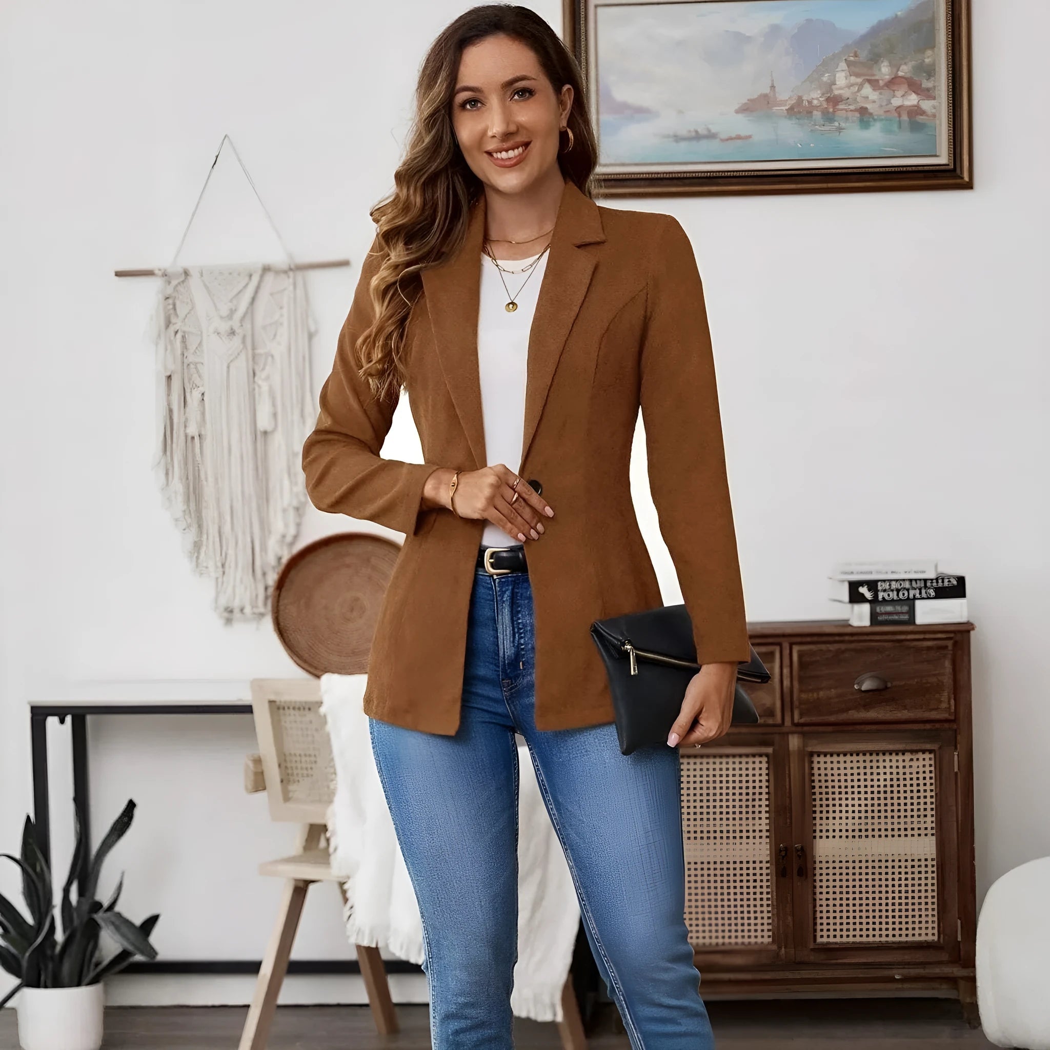 Brown men's single-breasted lapel collar coat with long sleeves on hanger