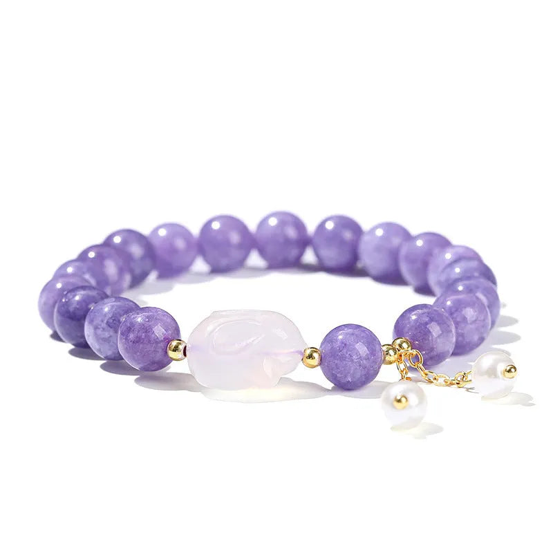 Purple aquamarine chalcedony lychee jelly agate rabbit bracelet, handmade, geometric round beads, women's jewellery
