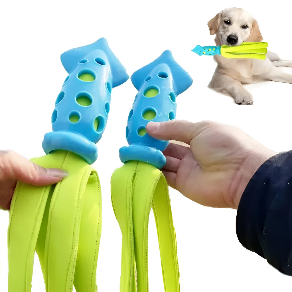 Blue squeaky cuttlefish dog toy for teeth cleaning and fetch, 39 cm, rubber and waterproof cloth
