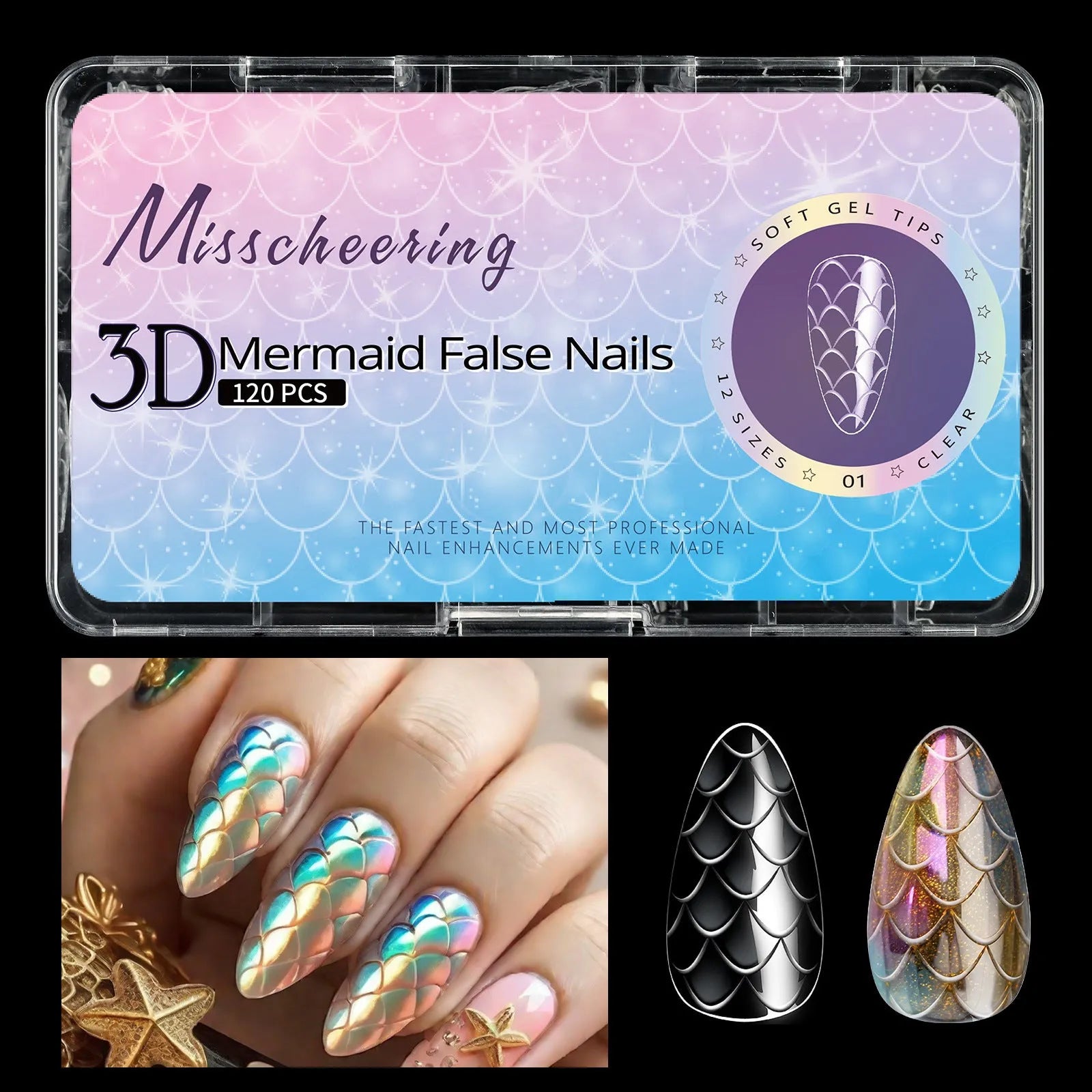 3D scale long shaping nail tips in Frigate box packaging with multiple colour options for nail extension use