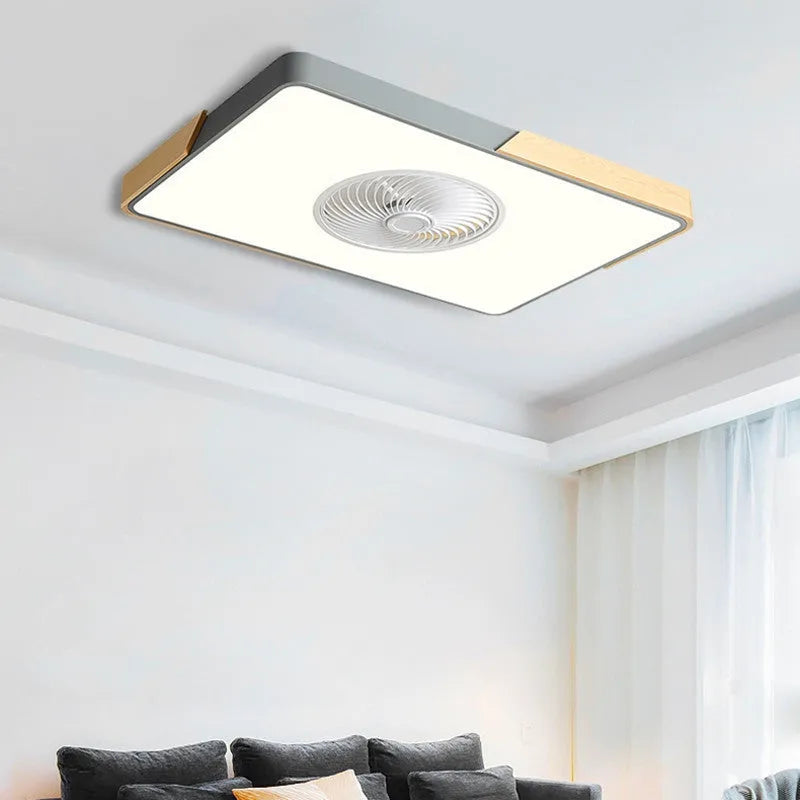 Nordic ceiling fan light with solid wood frame and white PVC lampshade, shown in round, square, and rectangular shape options.