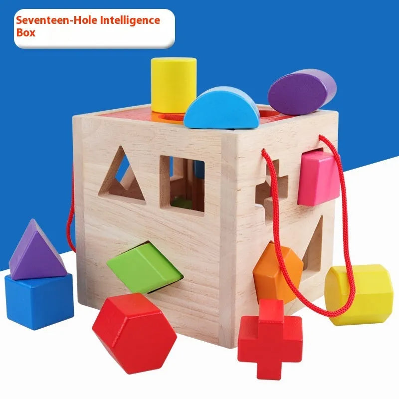 Wooden geometric shape matching baby building blocks set with 12-hole smart box in colour packaging for infants