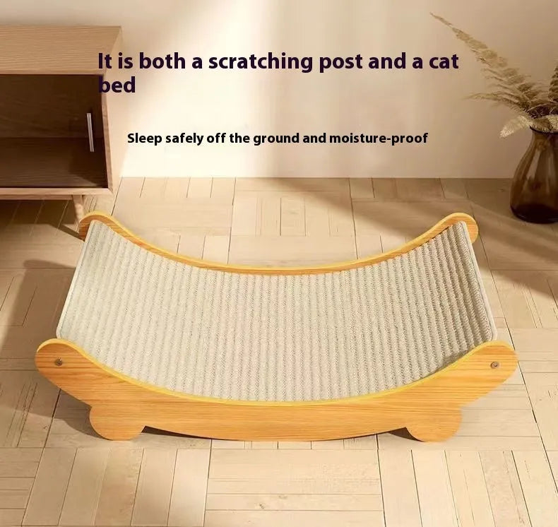 Beige sisal cat scratch board on a wooden floor.