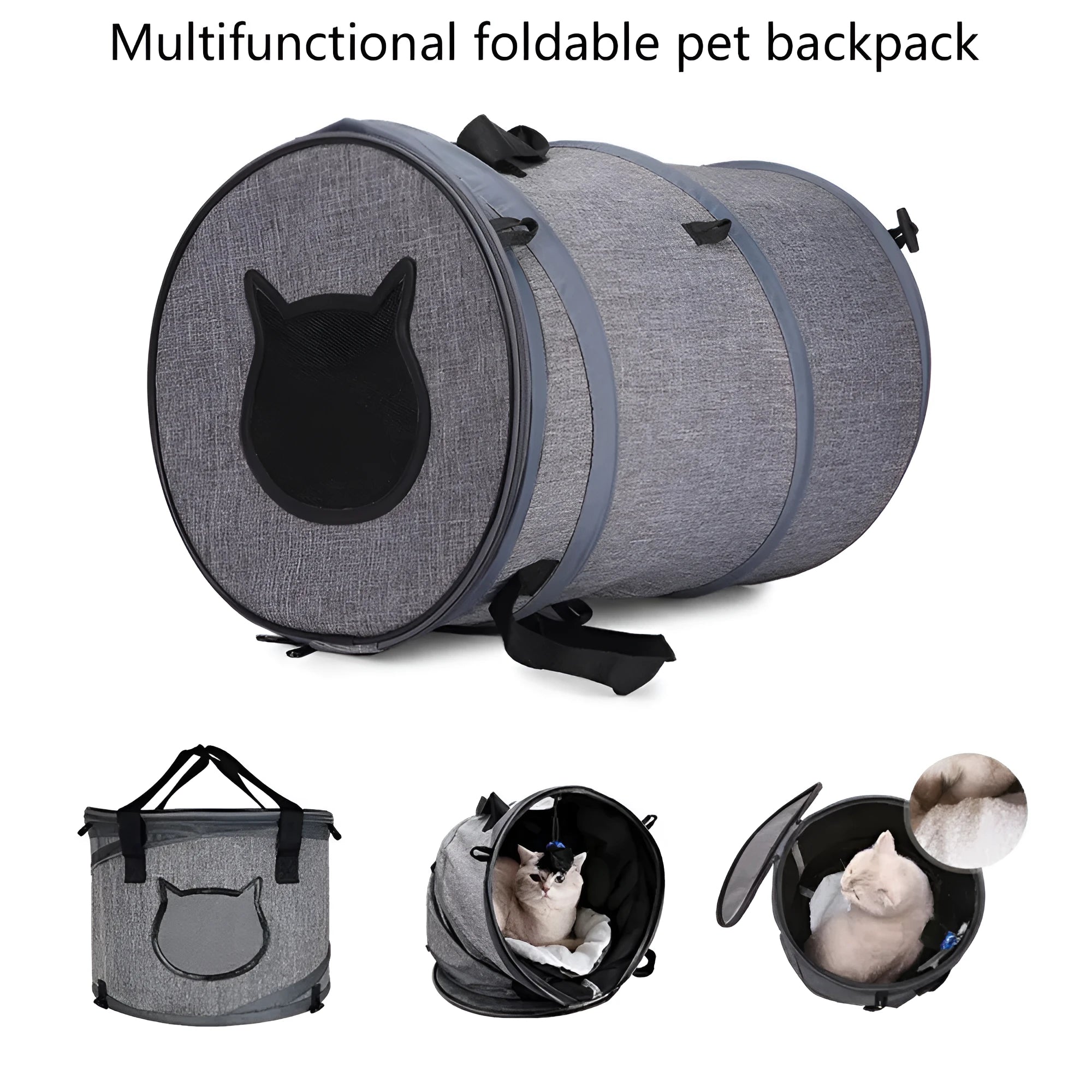 Fodable grey foldable pet carrier bag made of Oxford cloth, with top skylight and side storage pockets, 36x53cm size.