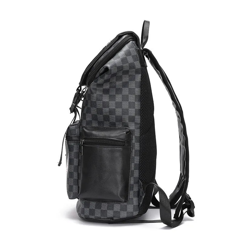 Korean casual checkered printed large capacity PU leather backpack with curved shoulder straps