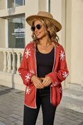 Plus size women's jacquard flower knitted off-neck cardigan coat in beige with contrast colour trim, loose fit thin acrylic knit