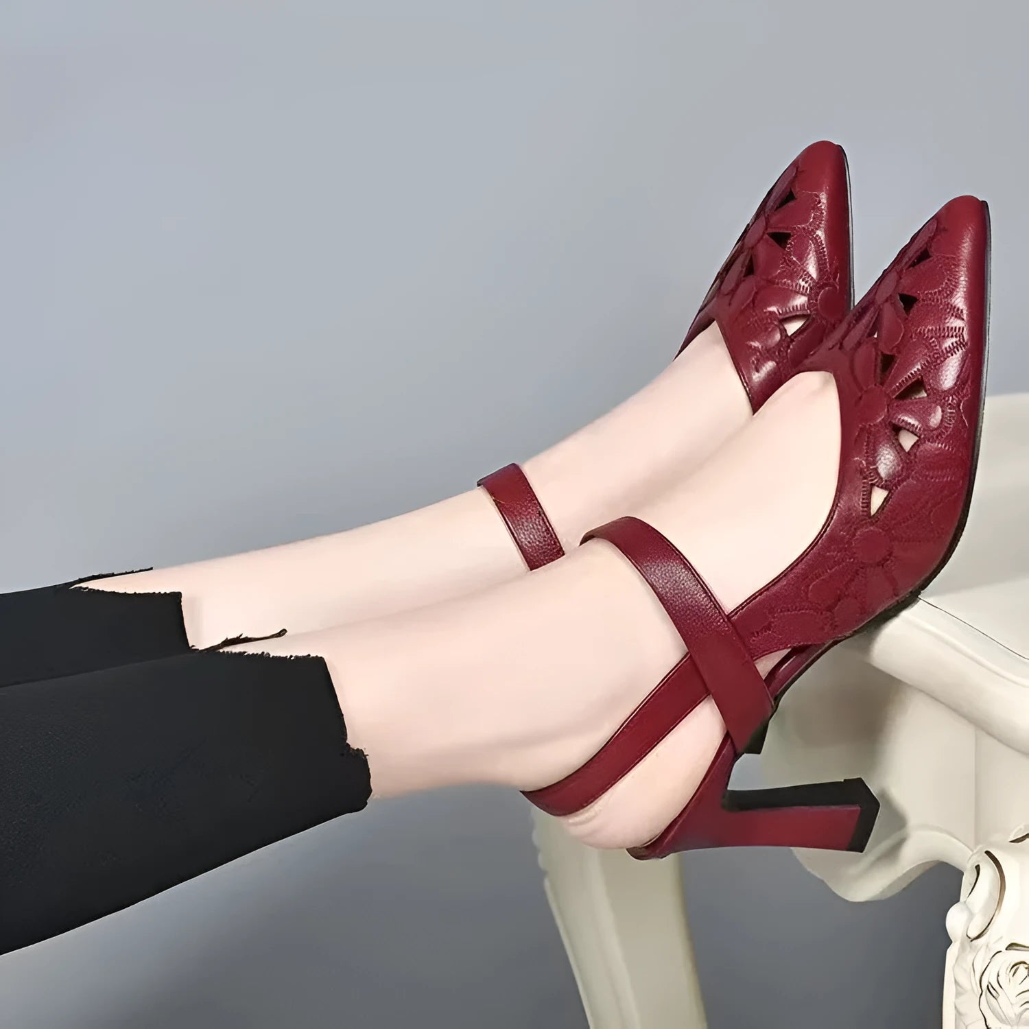 Women's pointed toe sandals in beige with hollowed toe box, back empty design, high heel, and rubber sole