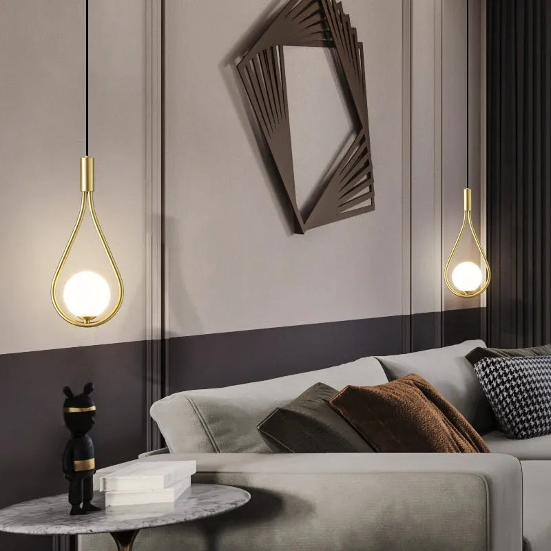 Modern minimalist bedside chandelier in copper honeycomb, copper milky white, or black gold finish with milky white shade