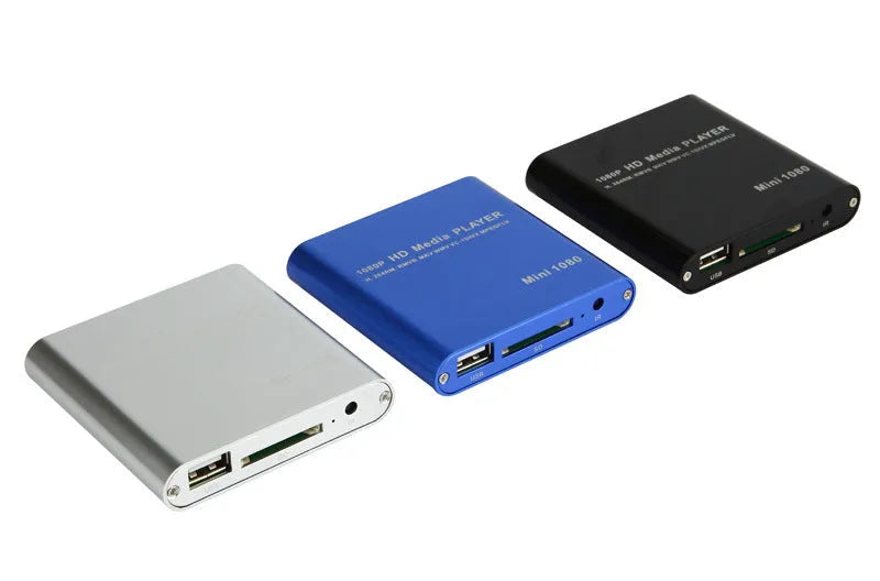 Compact blue or black all-metal 1080p Full HD media player with remote control