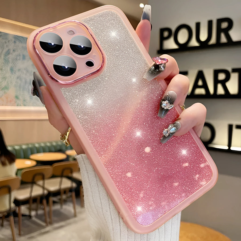 Ultra-thin transparent glitter iPhone case showing gradient pink and silver colours on a phone.