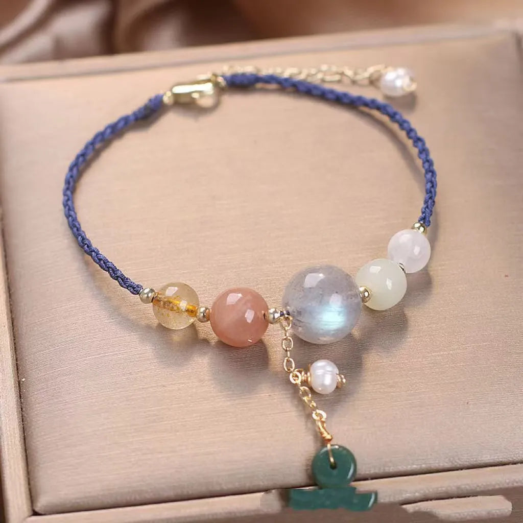 Hand-woven crystal peace buckle bracelet for women with sequins in red, green, and blue colours