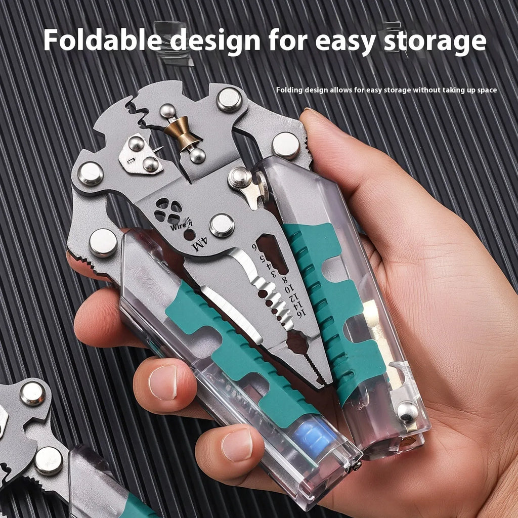 Electricians' wire stripper and pointed pliers tool showing hardened steel construction
