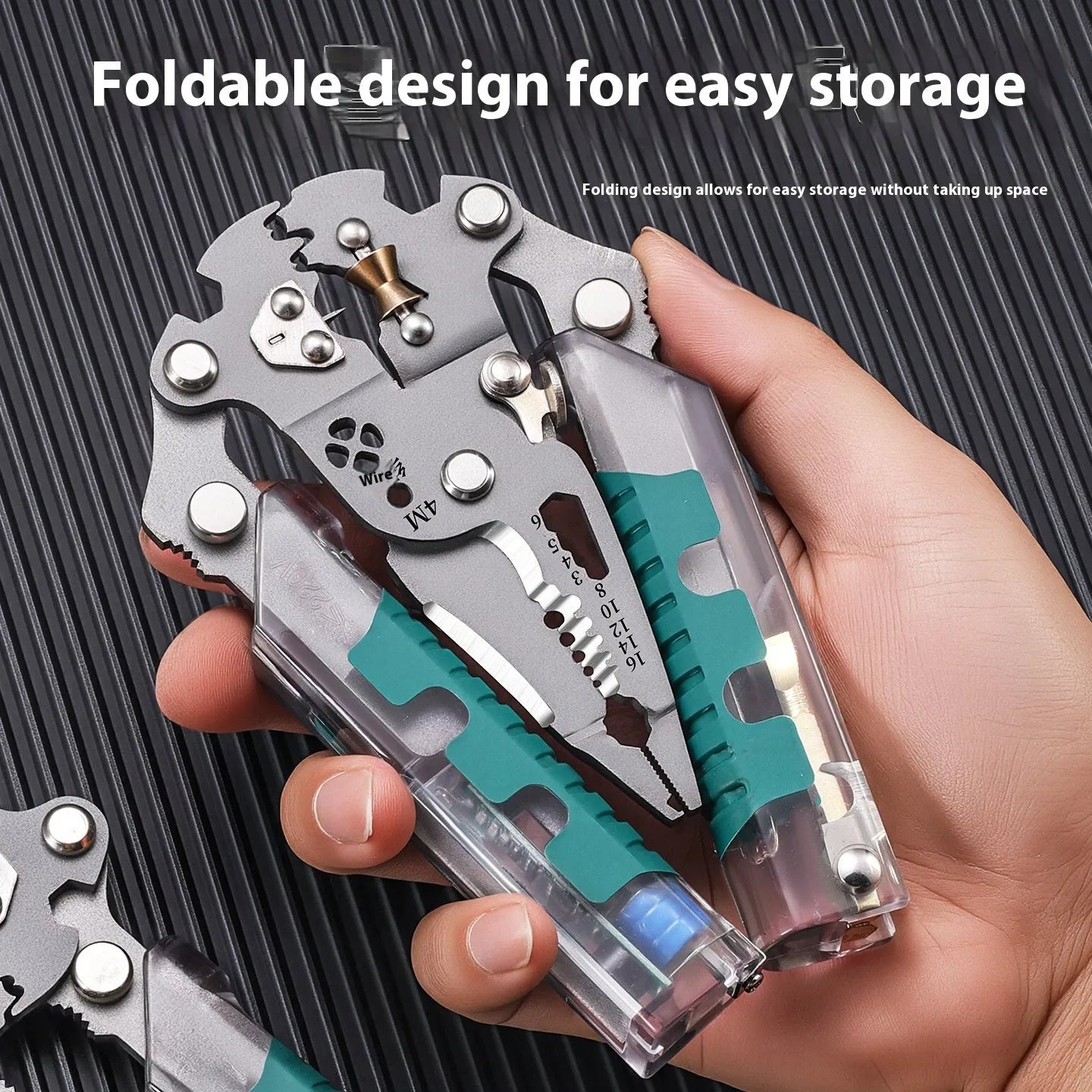 Electricians' wire stripper and pointed pliers tool showing hardened steel construction