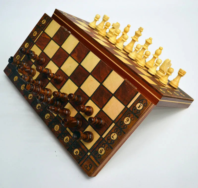 Wooden magnetic 3-in-1 chess set folding board with wooden chess pieces king height 5.5cm