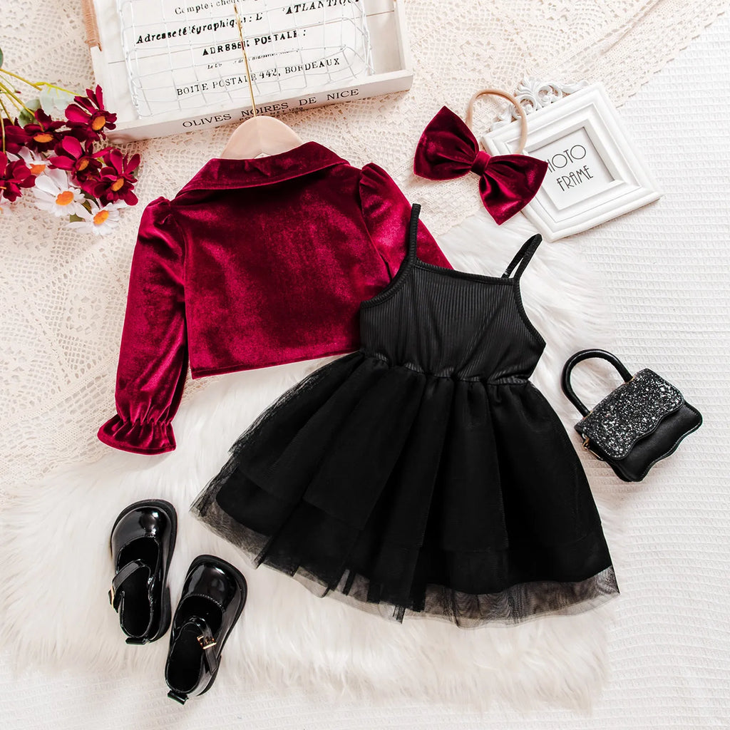 Baby girl jacket and bow strapless dress set in red solid colour with floral print long pants