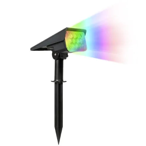 Black adjustable solar spotlight garden light with cold white 6000K LED, poly-crystalline panel, and IP65 waterproof rating