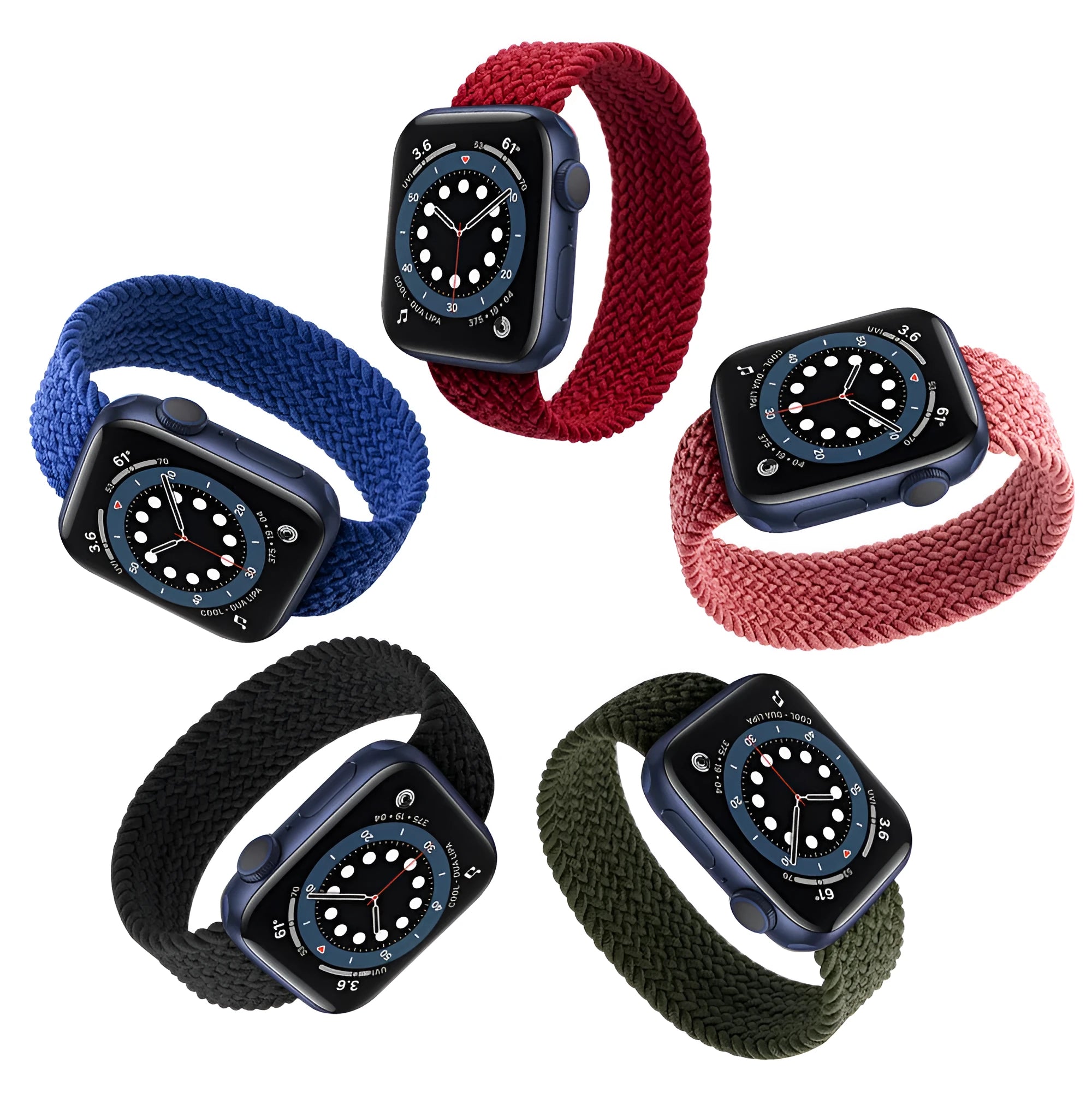 Nylon woven sports strap for Apple Watch in multiple colours, showing plastic head and one-piece design.