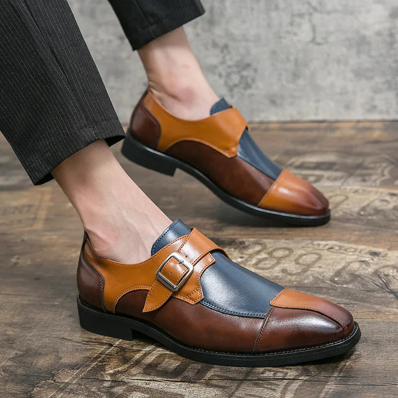 Men's brown blue retro buckle casual shoes with tall crown microfiber upper